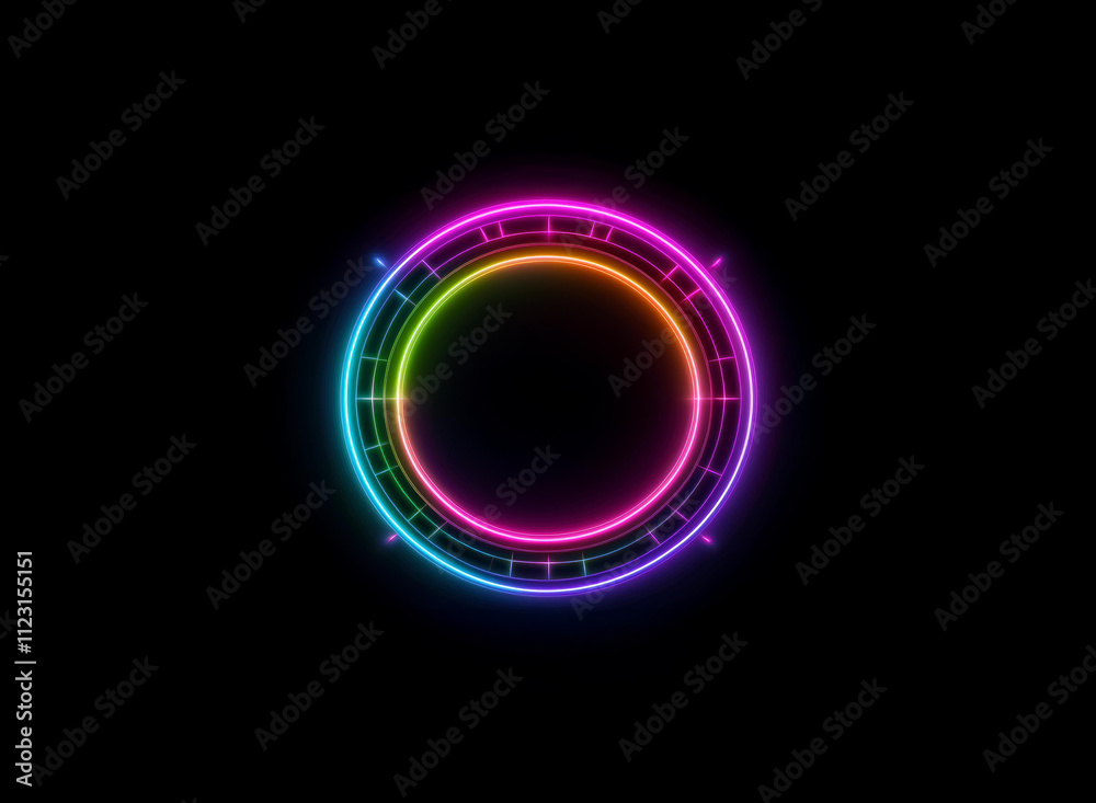 Obraz premium Vibrant rainbow neon circle, glowing brightly against a black background. It features concentric rings and subtle details, creating a futuristic, technological aesthetic.