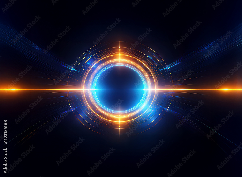 Obraz premium Abstract glowing circular design. Blue and orange light streaks radiate from a central dark circle within concentric rings, creating a futuristic, technological aesthetic.