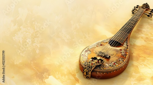 A stunningly detailed sitar on a light yellow background, with lots of surrounding empty space for emphasis.