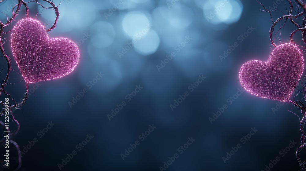 Obraz premium Decorated Hearts on Soft Bokeh Background with Twinkling Lights and Nature Elements for Romantic Themes
