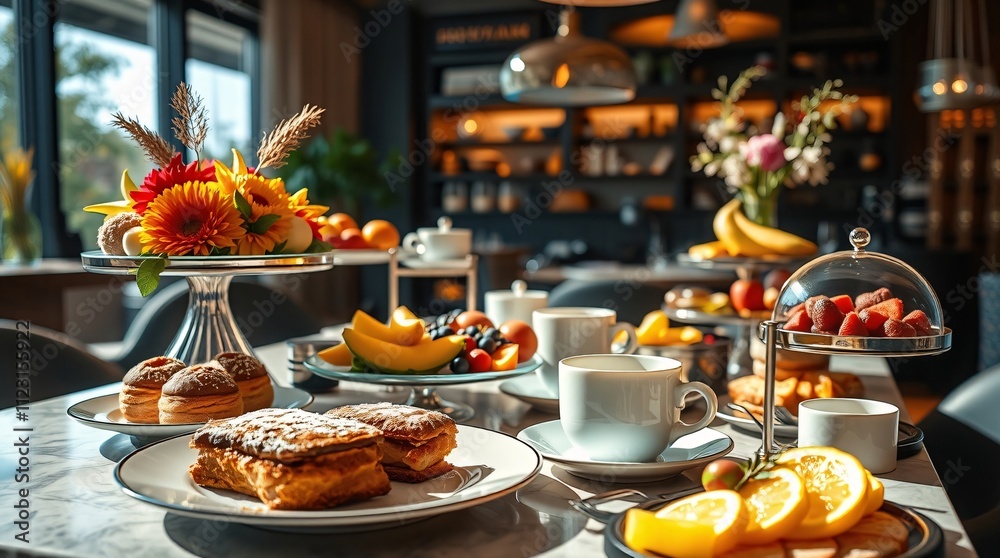 Fototapeta premium Vibrant Gourmet Brunch Table with Pastries and Fruit Platters and Artisanal Coffee
