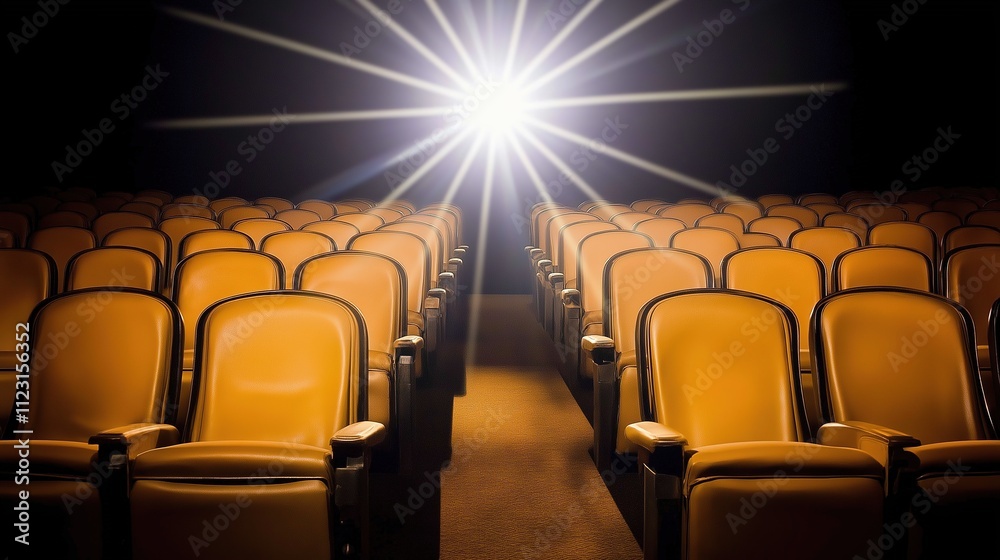 Obraz premium Empty movie theater with spotlight casting a solitary beam on the stage, symbolizing the power of imagination and the potential for new beginnings in a quiet, reflective space.
