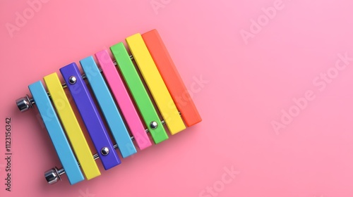 A metallic silver xylophone with bright-colored bars on a pale pink background, with empty space around it. photo