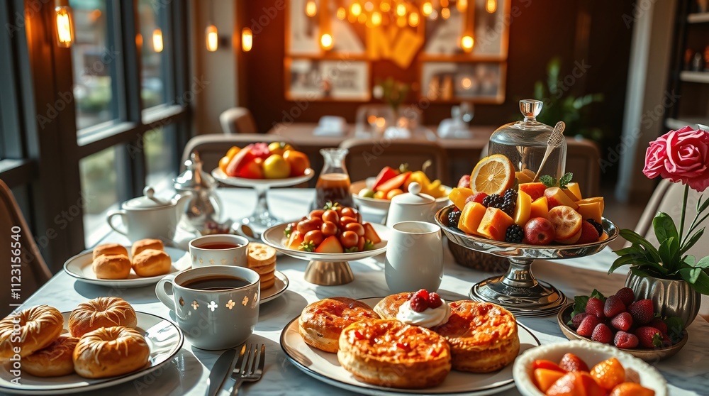 Fototapeta premium Vibrant Gourmet Brunch Table with Pastries and Fruit Platters and Artisanal Coffee