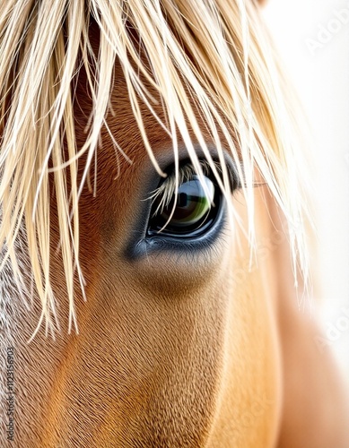 Graceful Horse: Close-up of a horse's eye and mane, showing its soulful gaze and flowing strands of hair against a white background.