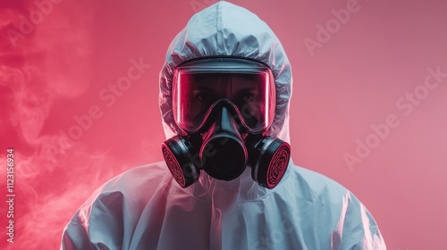 A person wearing a protective suit and gas mask is surrounded by a red-tinged environment, highlighting safety and futuristic themes in a dramatic scene. photo