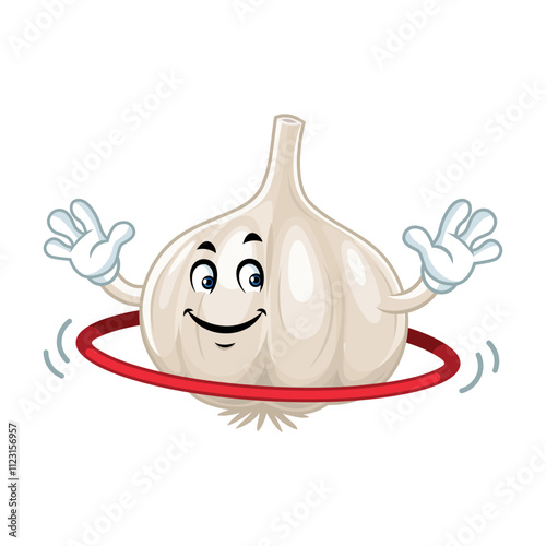 Happy Garlic cartoon playing hula hoop.
