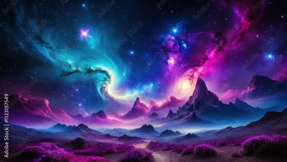 Obraz premium A stunning cosmic scene showcases a vibrant galaxy with swirling colors, distant planets, and starry skies, perfect for illustrating the beauty of the universe