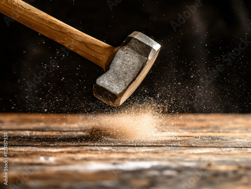 High speed photo of hammer striking wooden surface, creating dust photo