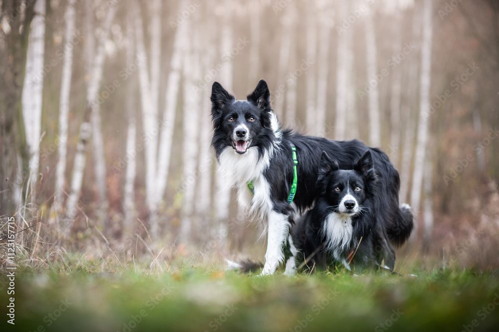 Two border collies in winter forest Two border collies in winter forest