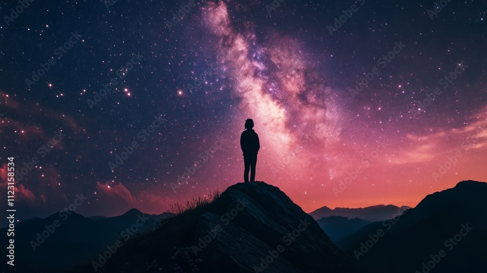Fototapeta premium Silhouette of person on mountaintop, gazing at the Milky Way galaxy at night.