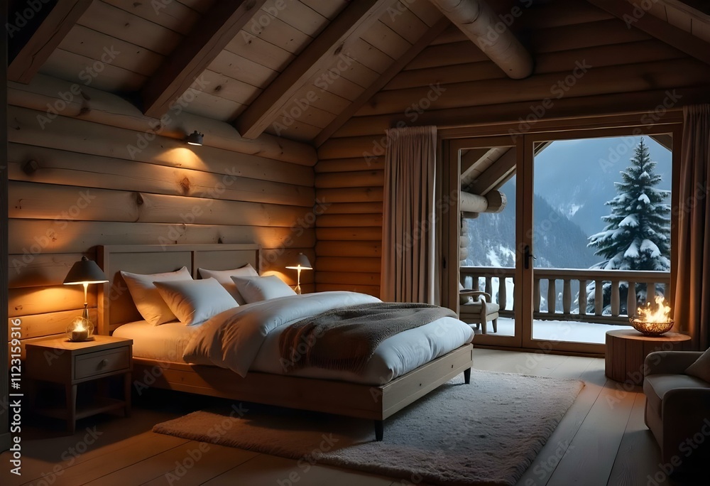 A cozy and rustic bedroom in a wooden cabin with a large bed exposed wooden beams, and a panoramic window overlooking a snowy mountain landscape A cozy and rustic bedroom in a wooden cabin with a large bed exposed wooden beams, and a panoramic window overlooking a snowy mountain landscape