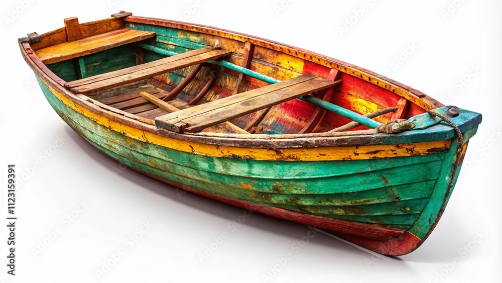 Obraz premium Vintage Rowboat with Weathered Paint Set Against a Clean White Background, Perfect for Fashion Photography and Artistic Showcases, Evoking a Sense of Nostalgia and Timeless Charm