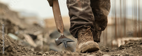 Worker with untied shoe carrying sharp tools on construction site photo