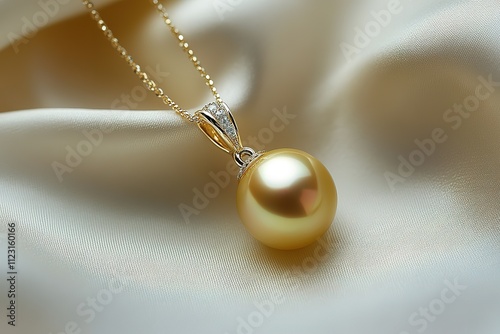 A yellow pearl necklace is displayed on a white cloth