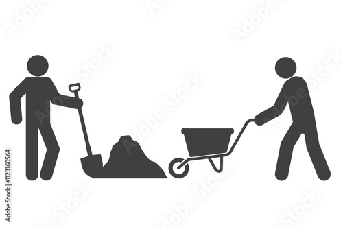 worker earthwork with wheelbarrow cart and shovel icon