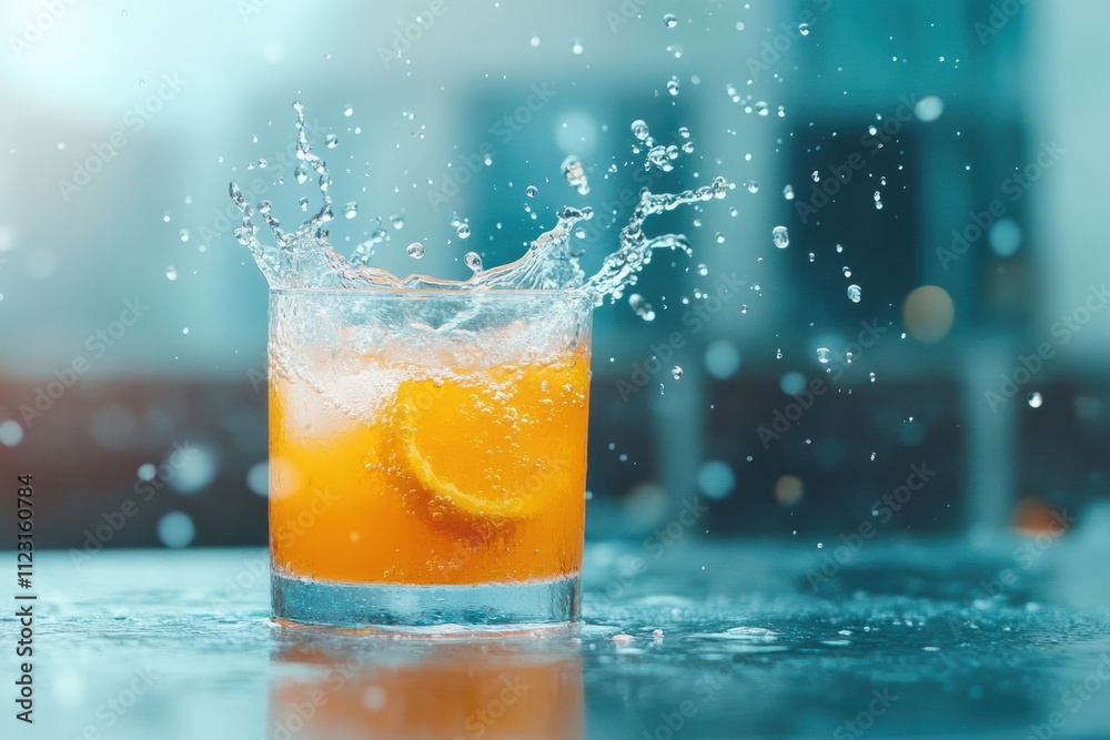 Refreshing cocktail splashing in glass with citrus slices on a sunlit bar during a summer afternoon Refreshing cocktail splashing in glass with citrus slices on a sunlit bar during a summer afternoon
