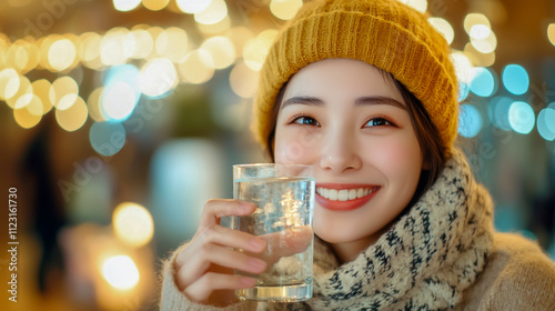 Cheerful  woman in cozy winter clothing, holding a glass of water with a warm smile photo