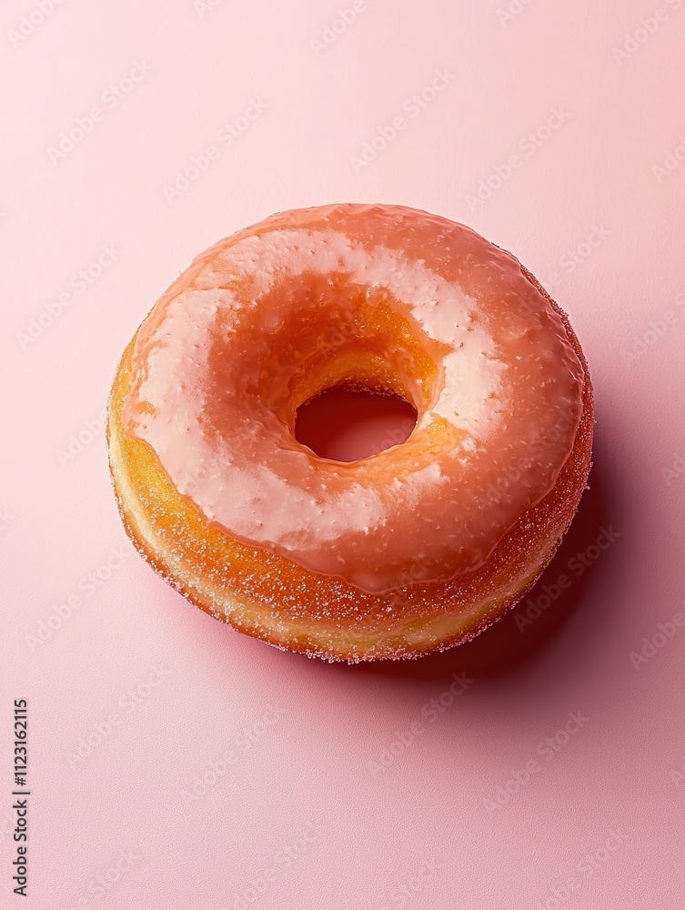 Freshly Glazed Single Donut with Shiny Sugar Coating on a Soft Pink Background