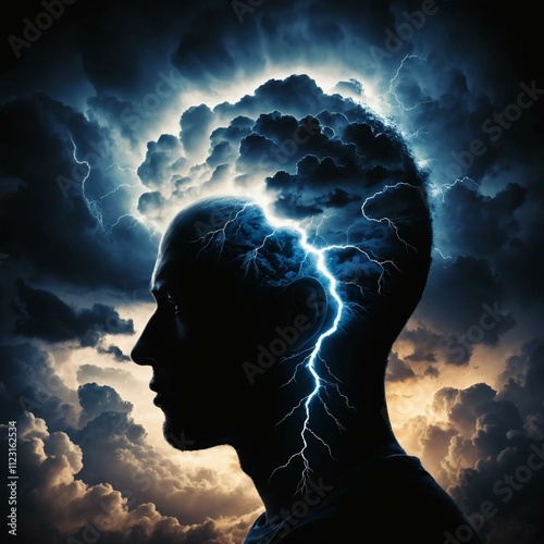 the head is dark and stormy, with swirling clouds and flashes of lightning, symbolizing the chaotic, low emotional states of bipolar disorder.