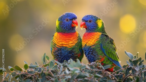 A pair of Rainbow Lorikeets sitting together, their multicolored feathers standing out against the bright sky photo