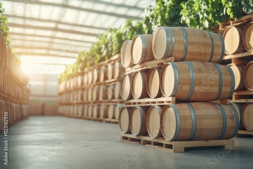 Stacked wooden barrels in a spacious winery with sunlight filtering through a glass roof photo