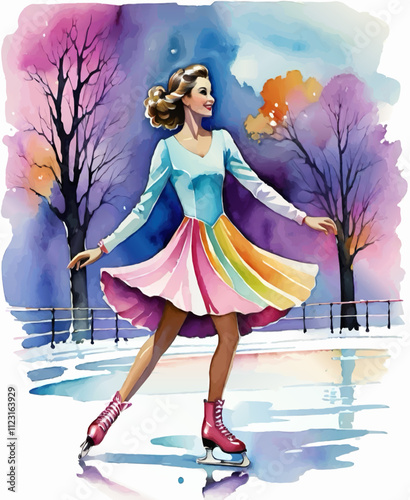 ice skating woman watercolor illustration
