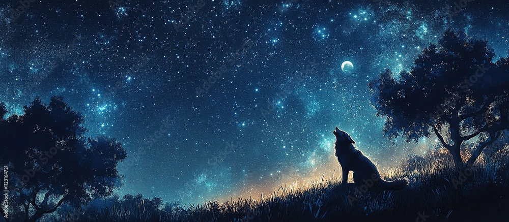 Fototapeta premium Lone Wolf Howling Under a Starry Night