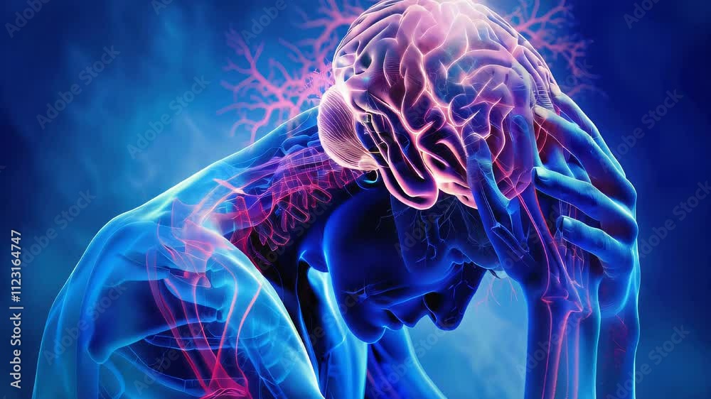 Central Pain Syndrome: The Chronic Pain and Sensory Abnormalities - Picture a person with highlighted brain areas showing central nervous system damage, experiencing chronic pain and sensory abnormali