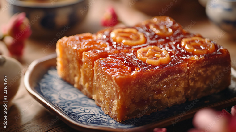 Delicious dessert with caramelized fruit served on a decorative plate in cozy setting Delicious dessert with caramelized fruit served on a decorative plate in cozy setting