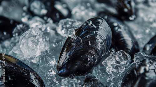 Close-up of fresh mussels on a bed of crushed ice, glistening with water droplets for a fresh, chilled look photo