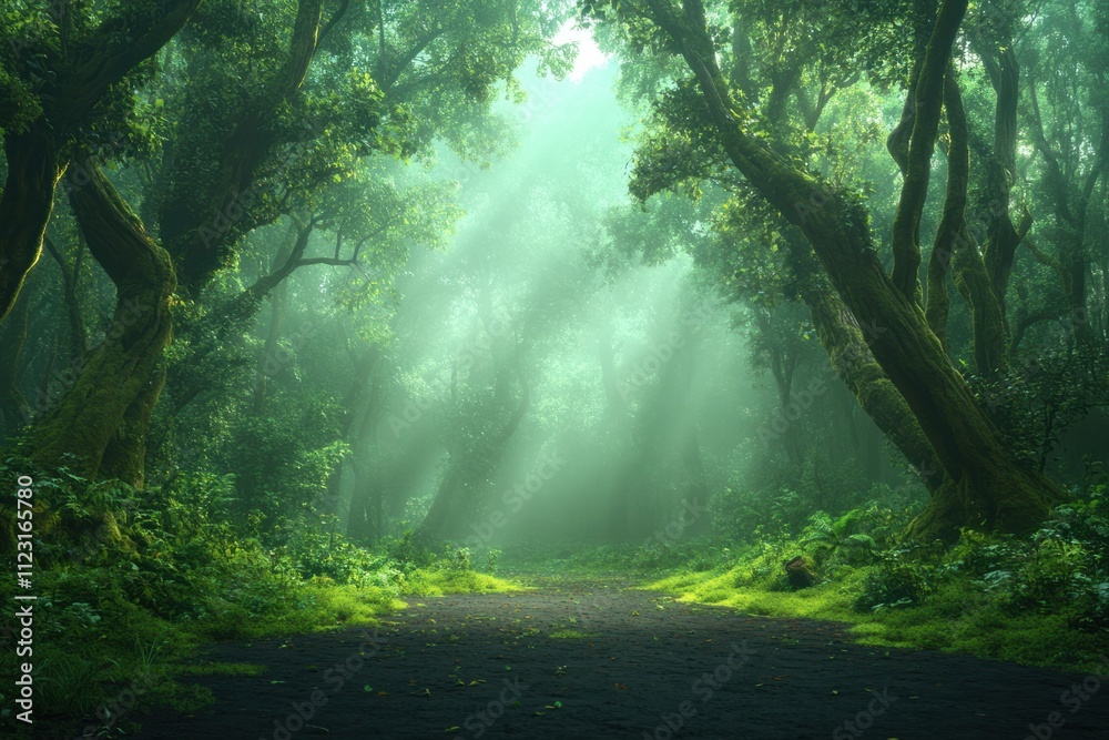Obraz premium Mystical forest with sunlight filtering through thick foliage in a dense green landscape