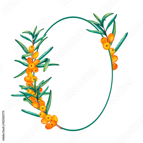 Watercolor oval frame of sea buckthorn berries. Illustrations of ripe orange berries with leaves isolated on a white. Clip Art Buckthorn berries for packaging cosmetics, foods, medicine and tea