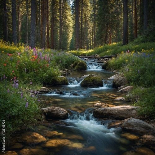 A quiet forest stream surrounded by tall trees and colorful wildflowers.