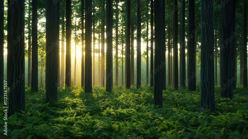 Obraz premium Sunrise illuminating a tranquil forest scene lush greenery nature photography peaceful atmosphere