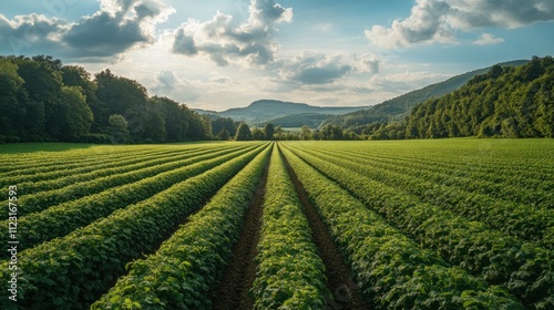 A wide view of farmers harvesting hops in a large field, with lush green plants as far as the eye can see