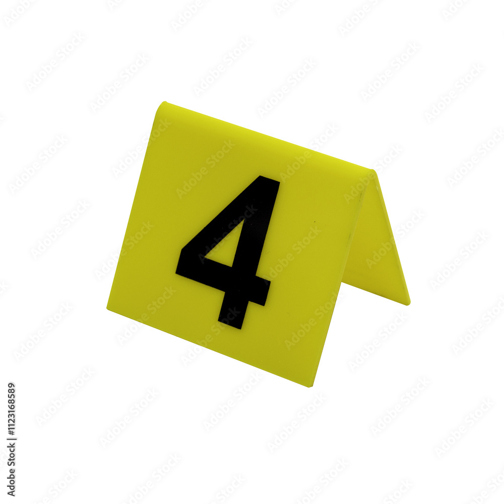 Crime scene investigation. Set of evidence identification markers on white background. Crime scene investigation. Yellow marker number 4 for identification of evidence on white background.