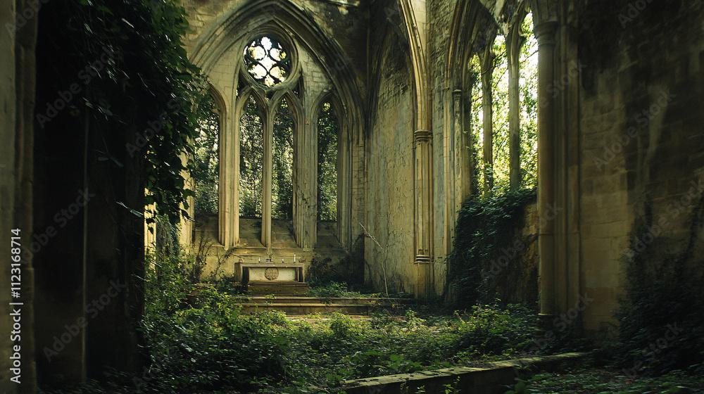 Obraz premium A collapsed abbey overtaken by thorny brambles, the altar barely visible beneath debris.