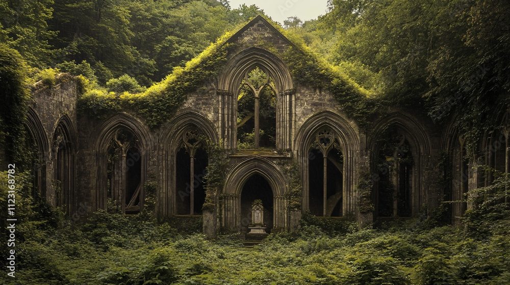 Obraz premium A collapsed abbey overtaken by thorny brambles, the altar barely visible beneath debris.