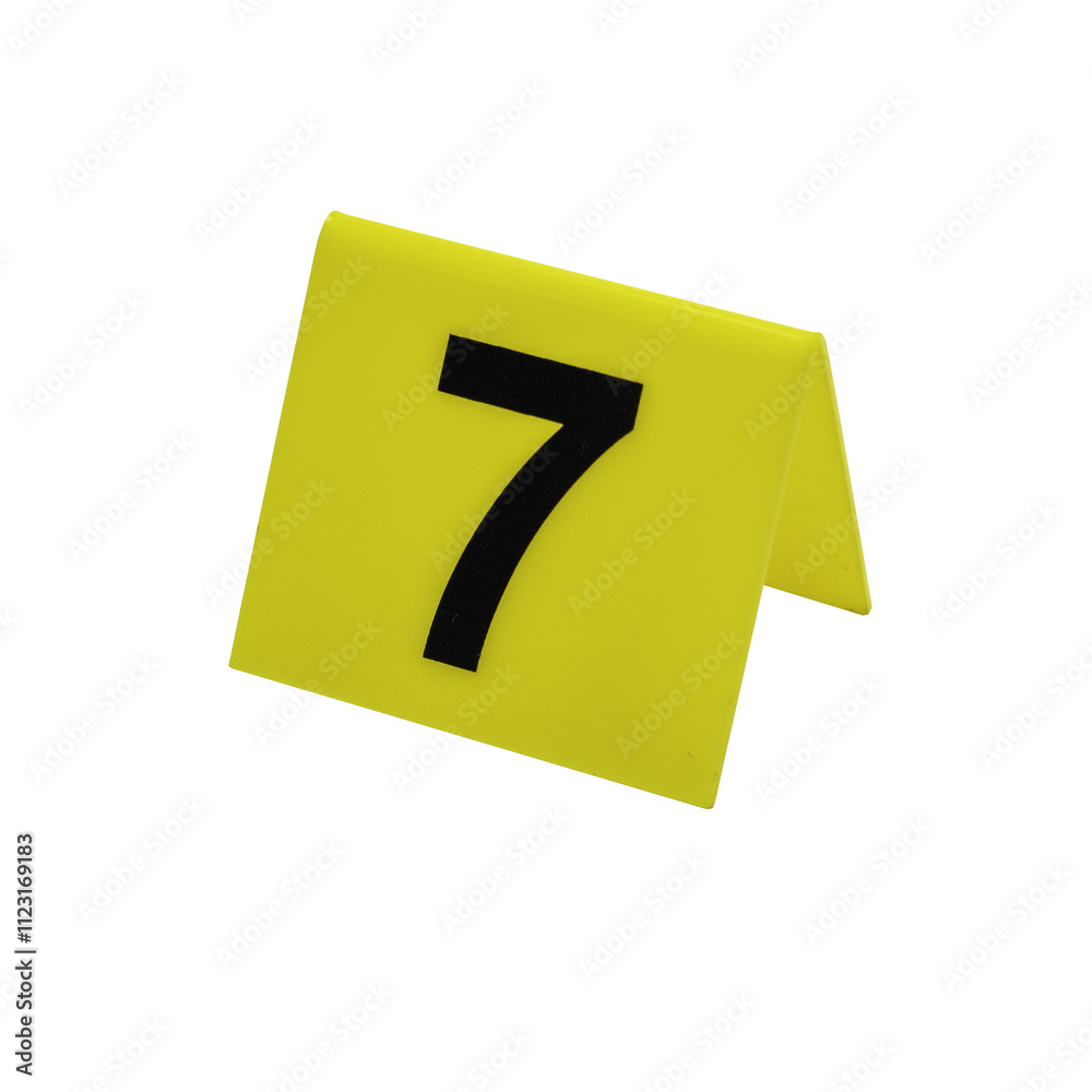 Crime scene investigation. Set of evidence identification markers on white background. Crime scene investigation. Yellow marker number 7 for identification of evidence on white background.