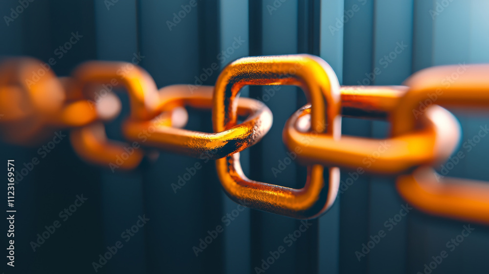 Naklejka premium Macro image of chain link connections in dark manufacturing environment - industrial focus
