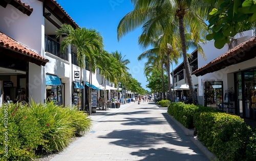 Sunny promenade with shops and palm trees.