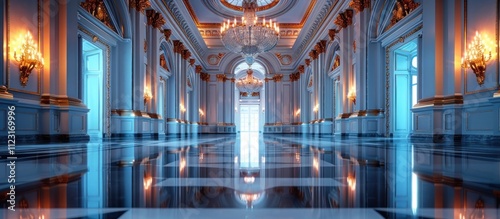 Opulent and majestic palatial interior with ornate chandelier marble floors and grand architectural elements