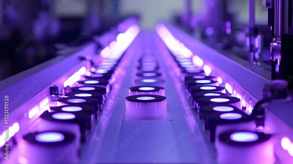 Obraz premium A conveyor system with purple LED lights and circular containers, likely for industrial use.