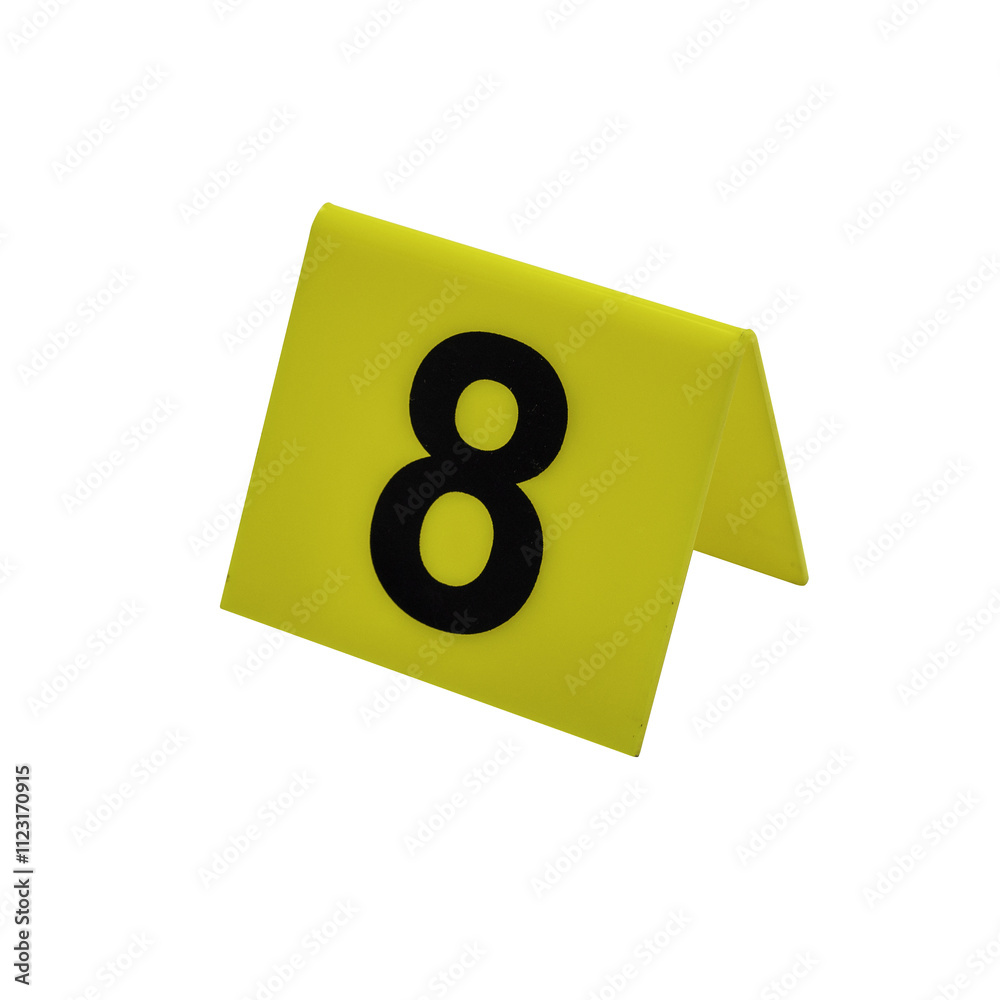Crime scene investigation. Set of evidence identification markers on white background. Crime scene investigation. Yellow marker number 8 for identification of evidence on white background.