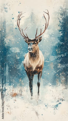  Majestic deer with antlers stands in snowy forest, evoking themes of wilderness, grace, and natural beauty during wintertime. photo