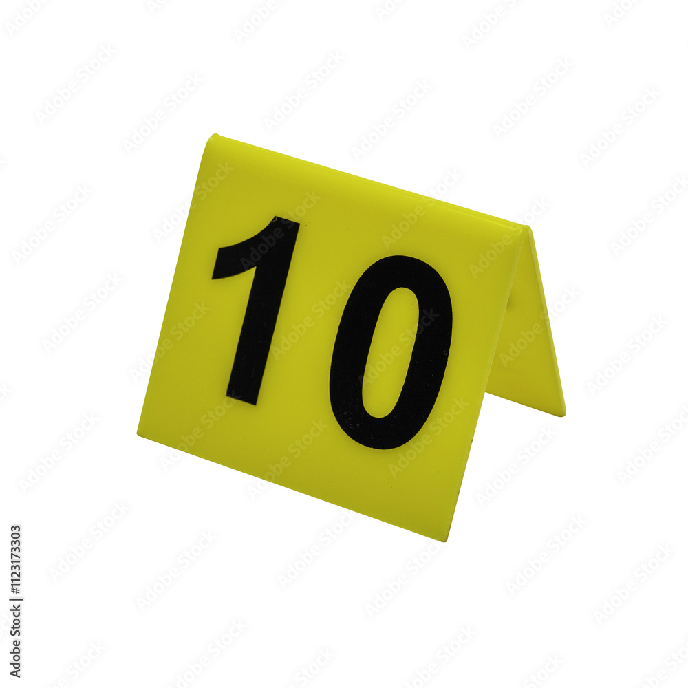 Crime scene investigation. Set of evidence identification markers on white background. Crime scene investigation. Yellow marker number 10 for identification of evidence on white background.