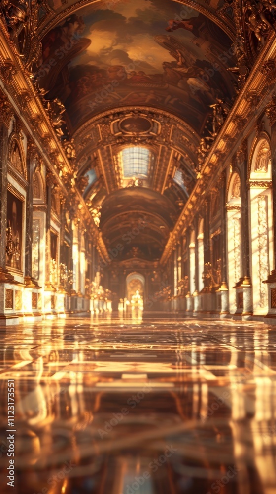 Obraz premium Opulent Baroque Palace Corridor with Ornate Architectural Details and Gilded Decor An Elegant and Majestic Hallway in a Historic Palace or Castle Setting