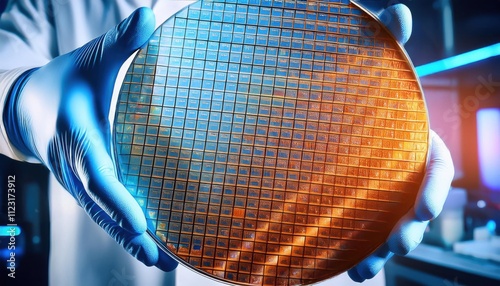 A scientist holding a semiconductor wafer in a laboratory under bright lighting photo