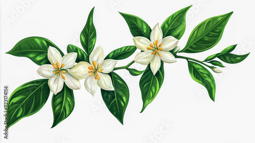 Fresh Neroli flowers in bloom on Citrus aurantium branch with green leaves, isolated on a clean white background photo